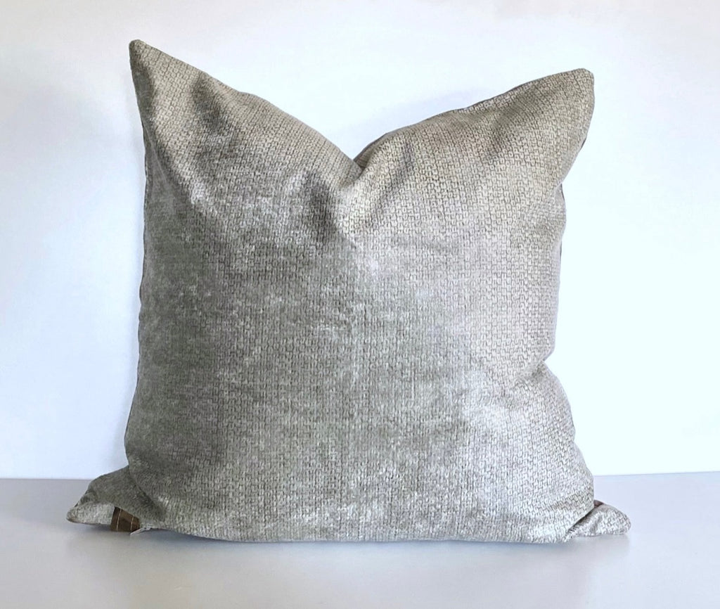 Silver Marline, one of a kind, handcrafted designer pillow. This lustrous fabric is like velvet to the touch.  The light bounces off the silver sheen with undertones of smoky green.   It will be the jewel of the couch.