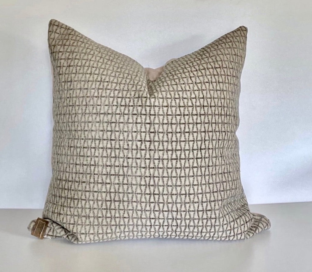 The embossed velvet in seafoam & sage lies comfortably with the earthy sandy tones that is the backdrop of this pillow.  An understated beauty. One of a kind, designer pillows.
